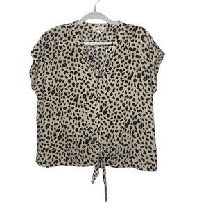 Pink Rose Animal Print Tie Front V-neck Short Sleeve Shirt Size XL